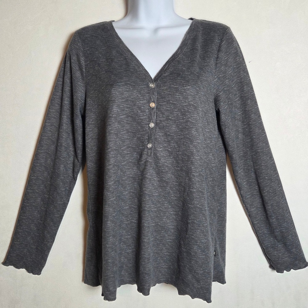 Eddie Bauer Womens S Gray Thermal Henley Top Long‎ Sleeve Waffle Knit Y2K Bella